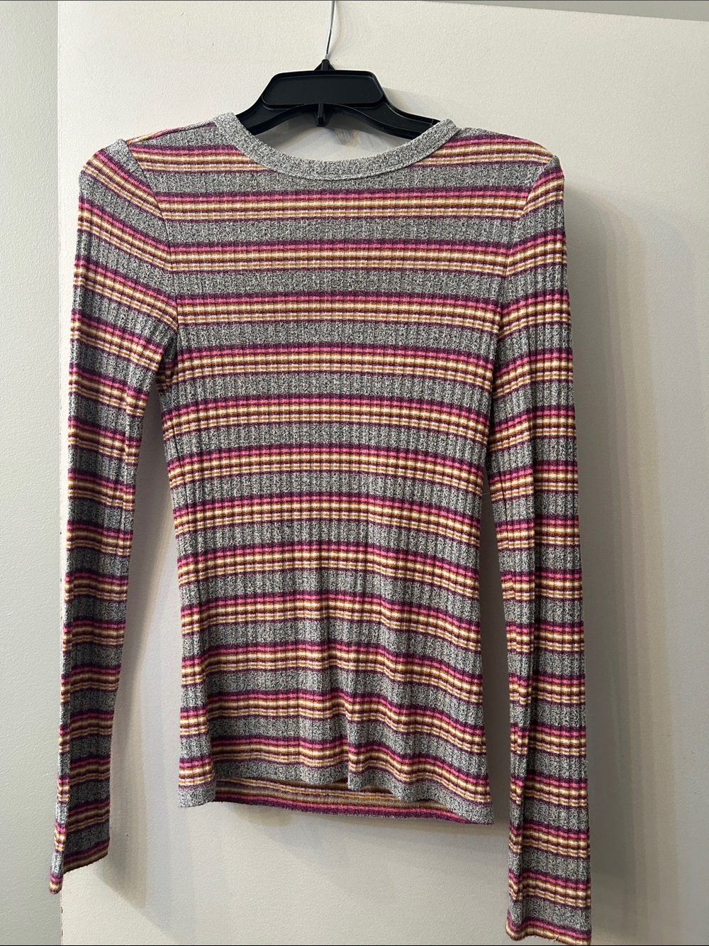 bp Striped Rib-Knit Long Sleeve Top in Gray, Pink & Cream